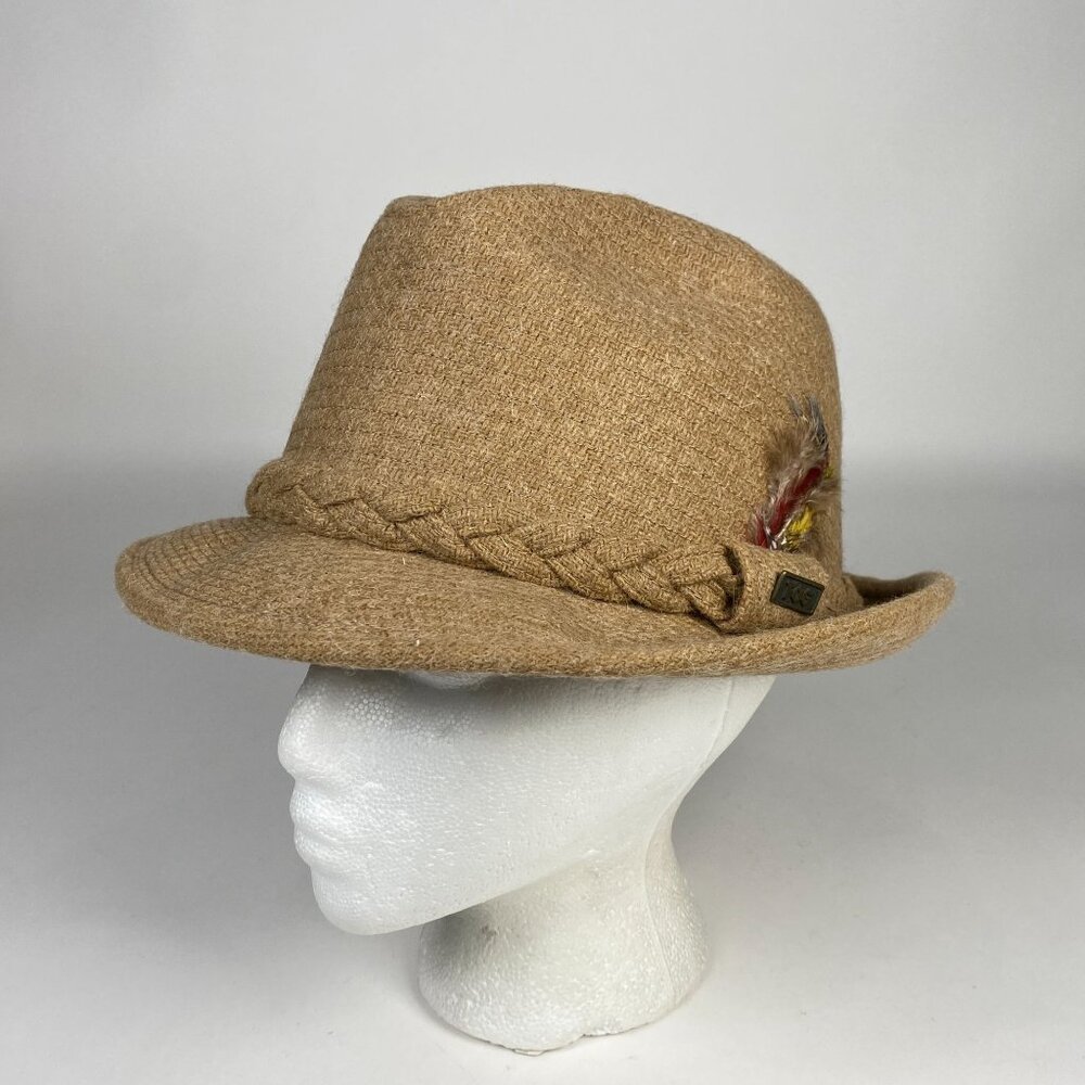 Vintage London Fog Tan Fedora Hat With Braided Band & Feather Accent Size 7 1/4